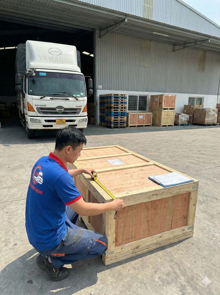 Hình ảnh ảnh nhân viên đang đo kích thước kiện hàng.