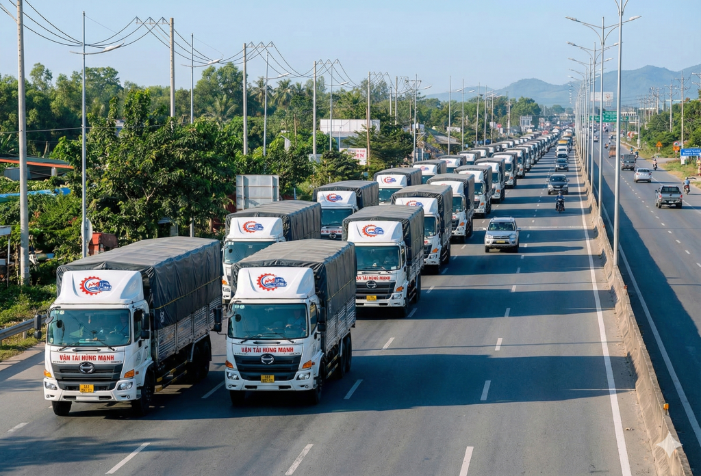 Hình ảnh đoàn xe tải thùng mui bạt của Vận Tải Hùng Mạnh đang chạy trên đường quốc lộ